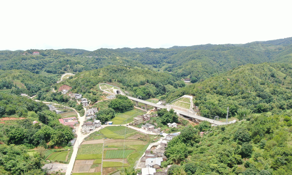 龍龍高鐵梅龍段位于廣東省東部，正線全長約93.98公里，設計行車時速350公里，途經梅州、河源等城市，全線設梅州西、興寧南、五華、龍川西4個車站。項目通車后，梅州到廣州、深圳等粵港澳大灣區中心城市通行時間將縮短至1.5小時左右。圖為龍龍高鐵梅龍段苦竹山1號隧道。