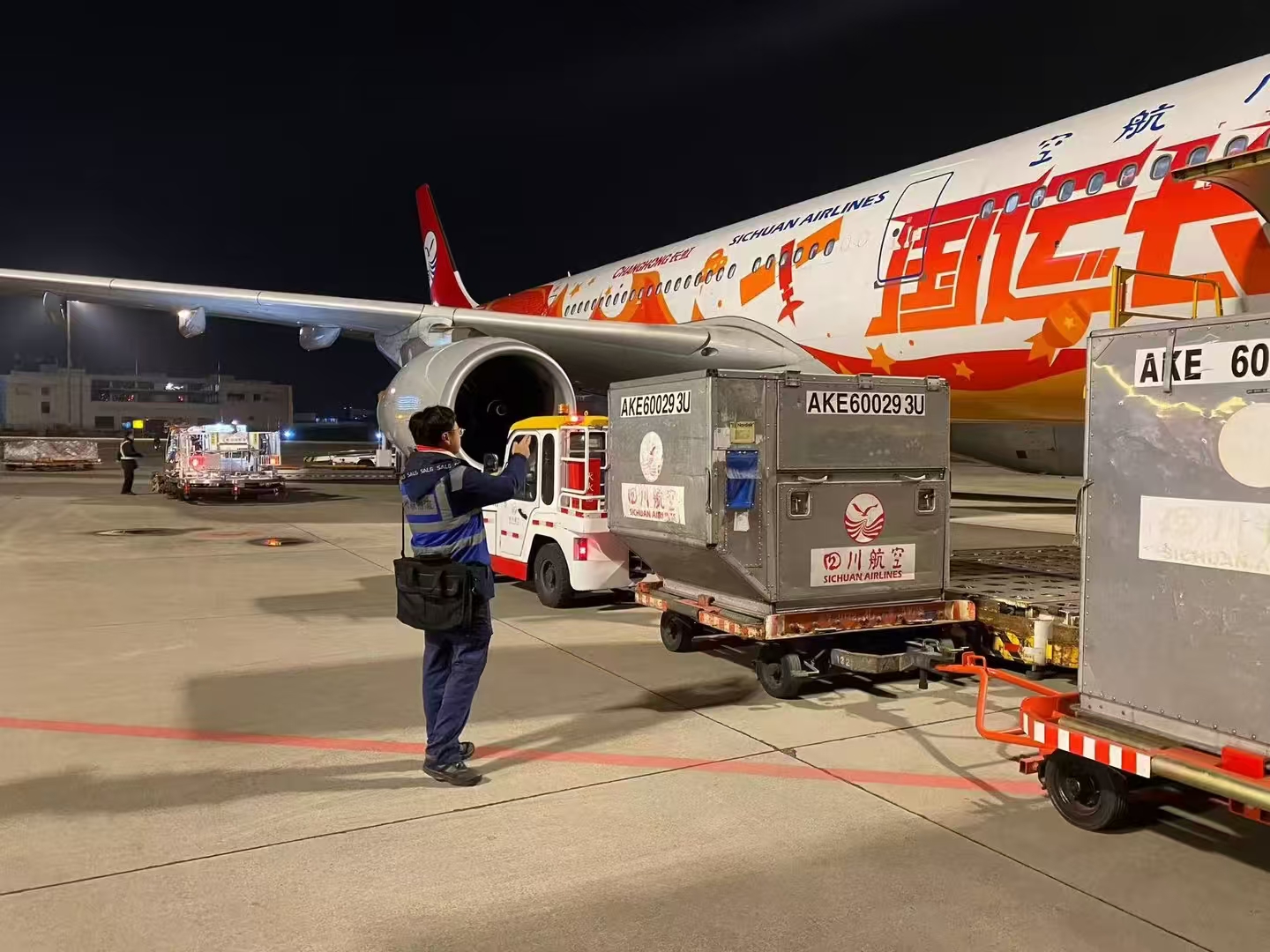 1月8日清晨，運載急救藥品的航班已從成都起飛。工作人員隨貨趕赴日喀則，全力響應協調當地醫藥物資應急保供需求。