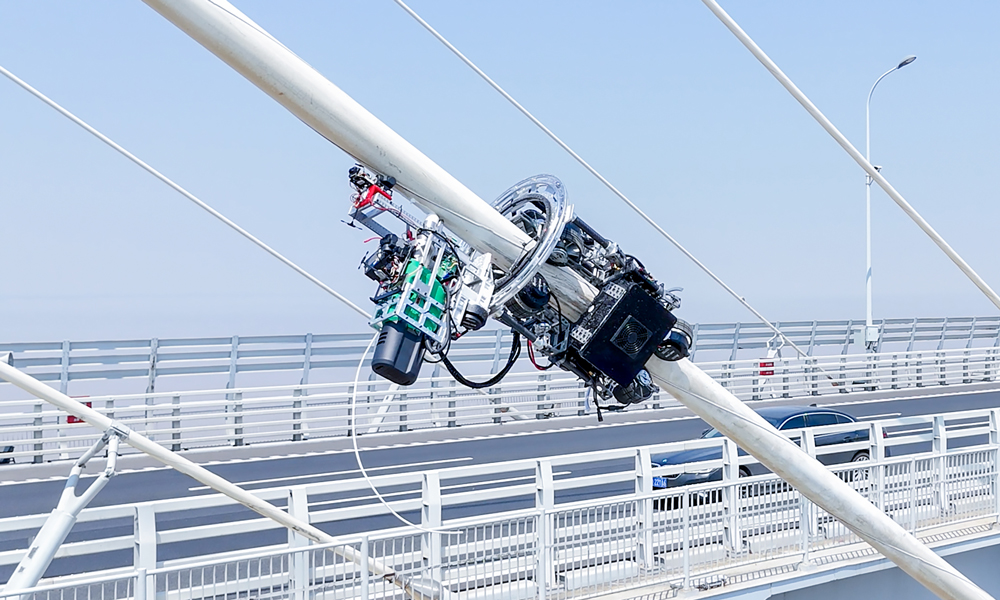 圖為“機械壁虎”纜索橋梁智能修復機器人，是招商局集團旗下招商交科推動科技成果轉化的成果。該機器人搭載護套修復裝置與高清視覺系統，數據實時回傳，創新性采用“地面操控、云端施工”模式，實現檢測、修復與數據管理的一體化閉環，為橋梁拉索智能養護提供全流程解決方案。