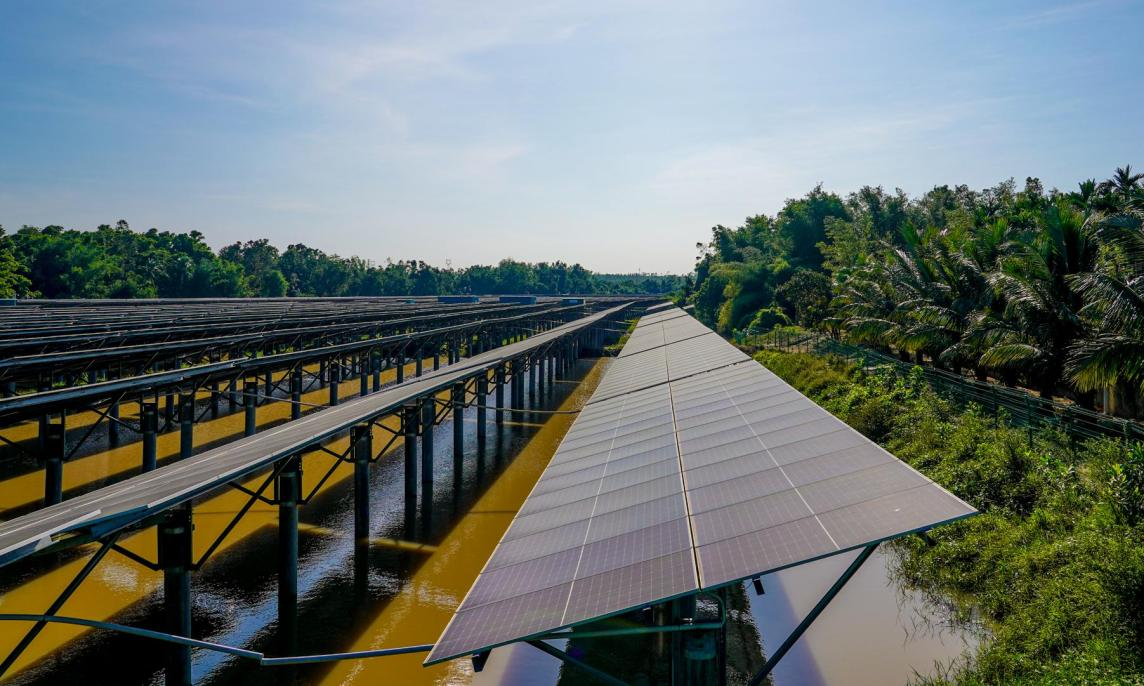 該項目所在區域的低洼部分改造變成水塘，光伏板在上部發電的同時可以降低水體溫度，提升魚塘養殖經濟效益。