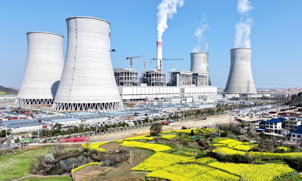 江西神華九江公司二期擴建項目工地與金浪翻涌的油菜花海共同涌動生機，項目建成后，將充分發揮對華中和江西區域的能源保障作用，為地方經濟和社會高質量發展注入國能力量。許海軍 攝