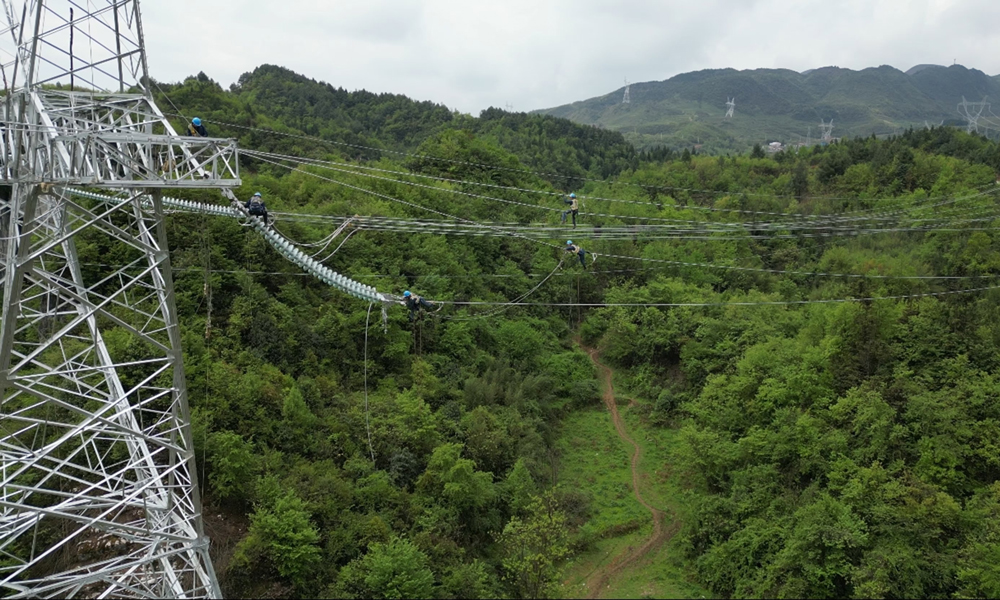 在貴州畢節市赫章縣，貴州烏撒至奢香第二回500千伏新建線路工程建設正酣，塔材被陸續運上海拔2000多米的高山，施工人員緊張有序地開展鐵塔組立、導地線架設等工作。