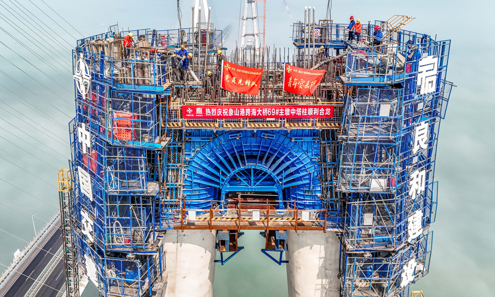 該大橋連接寧波市鄞州區與象山縣，全長約8.3公里，其南主塔高225.5米，采用獨特的“鉆石”形設計，共劃分39個節段。此次合龍的中塔柱處于主塔第26節段。