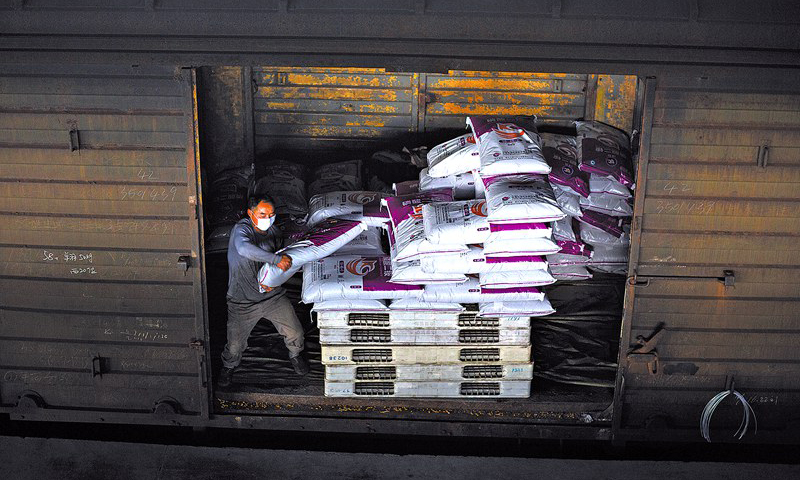 圖為裝卸工將優質化肥裝滿一節節車廂，準備發往全國各地。