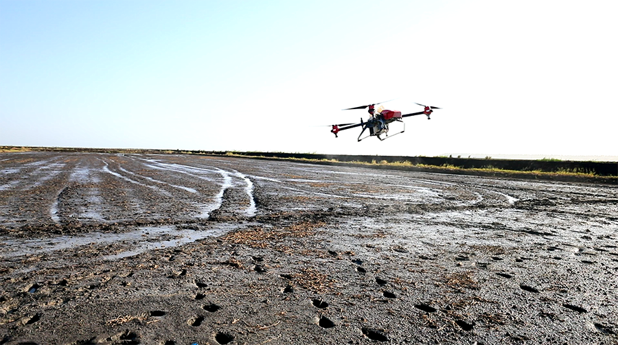 莫桑比克萬寶農業園始建于2011年7月，是目前中國在非洲最大的水稻種植項目，也是中莫兩國產能合作的13個重點項目之一。中鐵二十局在管理期間，將該項目打造成為以大米種植為主、多種糧食及經濟作物種植為輔，集農田開發、糧食生產、倉儲、加工和銷售于一體的綜合性農業產業園。莫桑比克前總統格布扎在考察該項目時高興地將產自此地的大米命名為“好味道”。如今，“好味道”在莫桑比克已成為家喻戶曉的品牌。圖為無人機噴灑農藥。